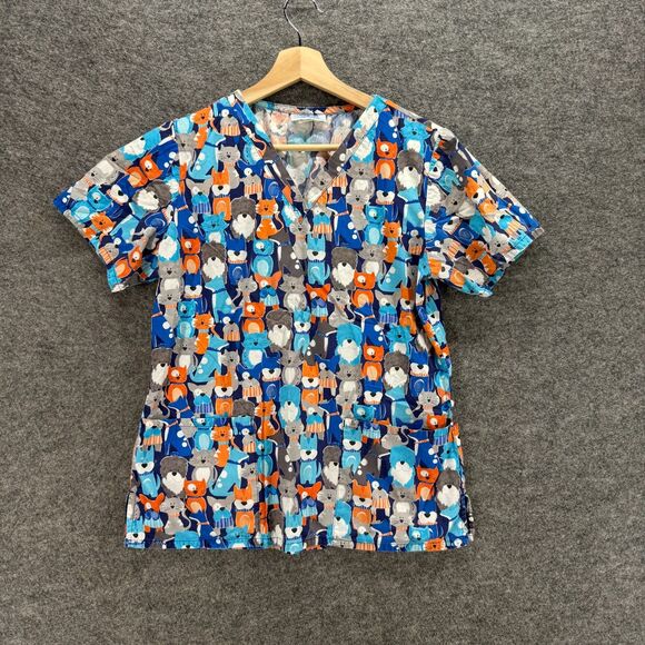 VAC Scrub Top Women S Small Blue Pets Print V-Neck Short Sleeve Cotton Veterinar - Picture 1 of 7